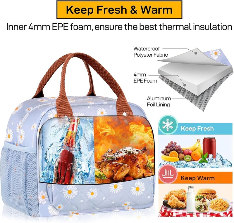 Buringer HOMESPON Lunch Bag for Woman Man Adults with Front Pocket Insulated Lunch Tote Lunch Box Container for Work Picnic or Travel（Blue Daisy） - Image 5